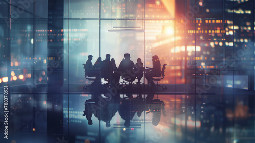 Bokeh, silhouette and business people in office for meeting, discussion or planning for job in corporate career. Employees, team and lens flare with light in workspace, conference room or work