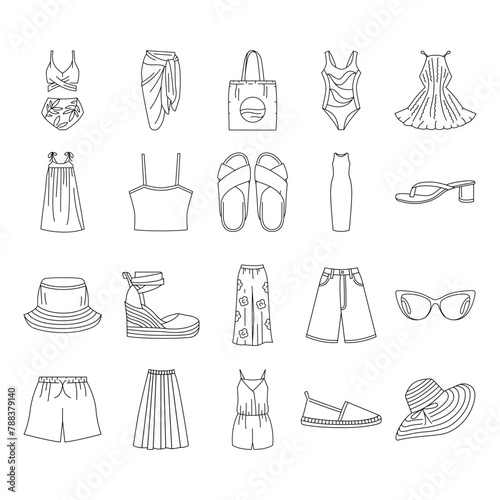 Women's summer clothes line color icons set. Signs for web page, mobile app, button, logo.