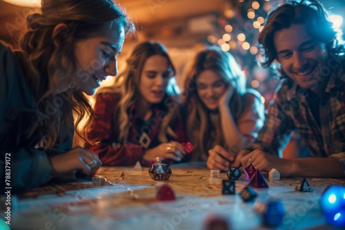 several mature people playing a game of dungeons and dragons around a table with a blurred out family home in the background. ai generated