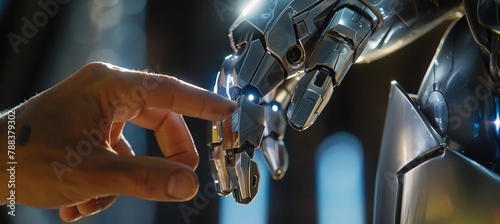 A human finger delicately touches the finger of a metallic robot finger. Humans and AI technology photo