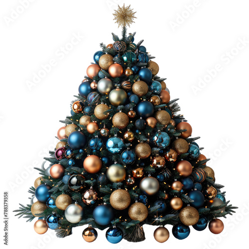 Decorated Christmas tree with peak balls On isolated transparent PNG background