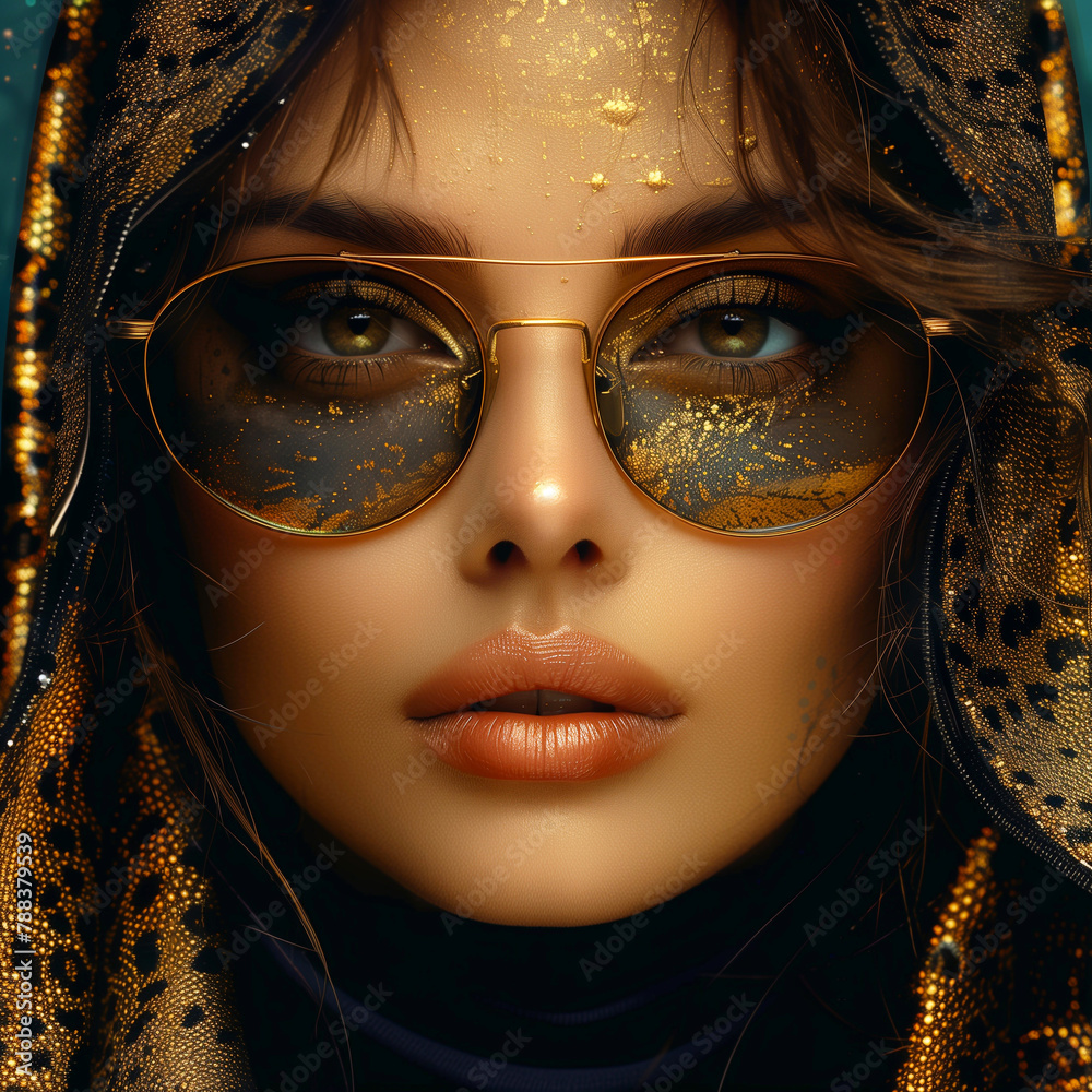Portrait of a beautiful young woman with golden sunglasses. Beauty, fashion.