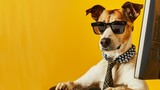 Cool dog in a shirt and tie working at a computer on a yellow background.