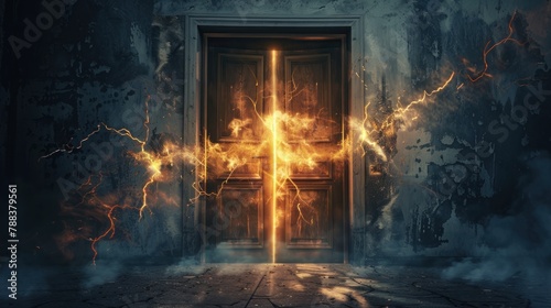 a locked door with ominous energy bursting out of the cracks photo