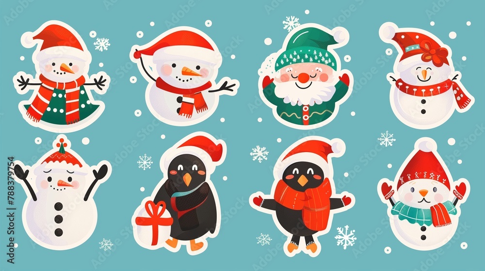 Illustrate a festive set of flat Christmas stickers, portraying delightful cartoon characters like snowmen-1