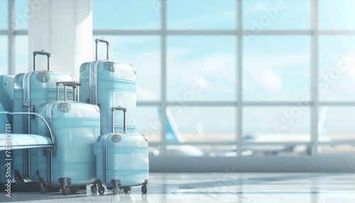 A row of blue suitcases are sitting on the floor in front of a window by AI generated image