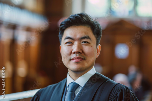 Confident, smiling Asian barrister, formal gown, court background: Equal opportunities, inclusion law diversity