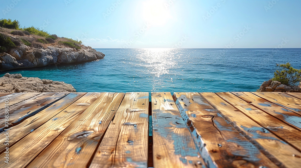 Fototapeta premium Wooden terrace on the background of the sea and blue sky