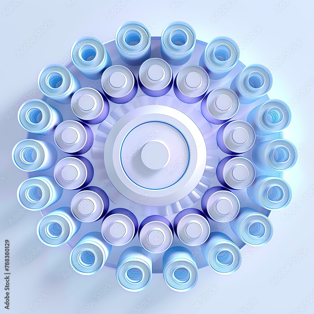 Circular economy packaging model, abstract circular patterns, crisp product arrangement Circular economy packaging model, abstract circular patterns, crisp product arrangement