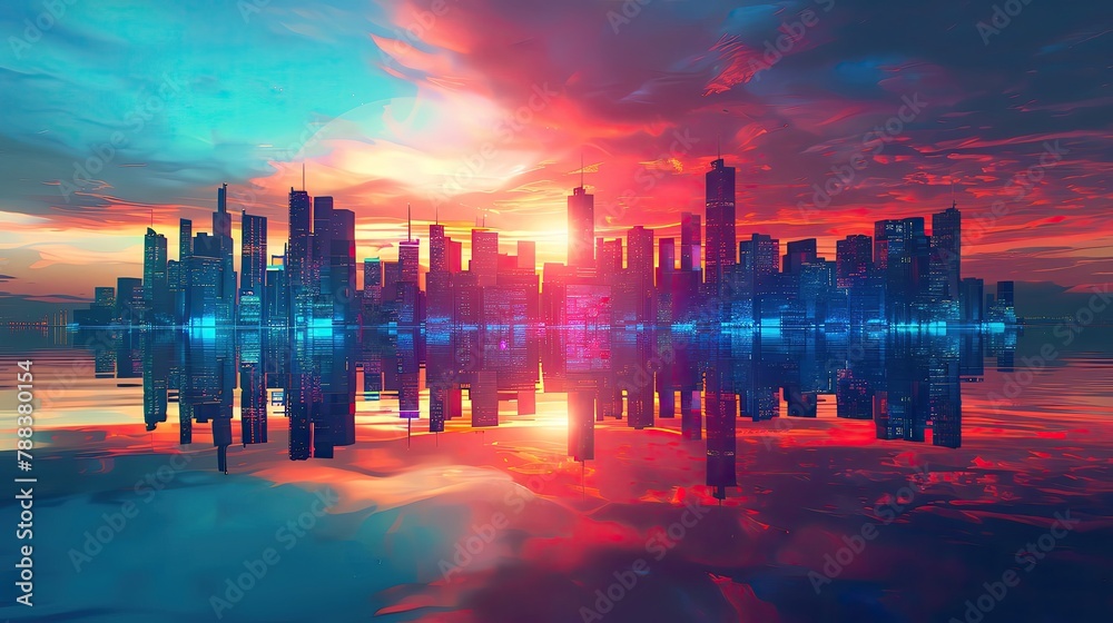 Exploration of new era in tech, abstract futuristic skyline, vivid colors