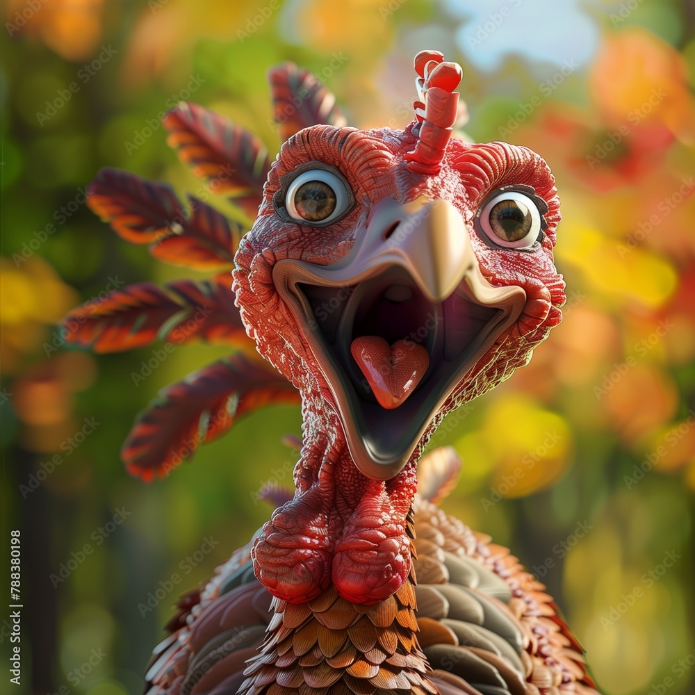 Illustrate an AI-generated image of a funny Thanksgiving turkey, radiating happiness and charm through cartoonish features