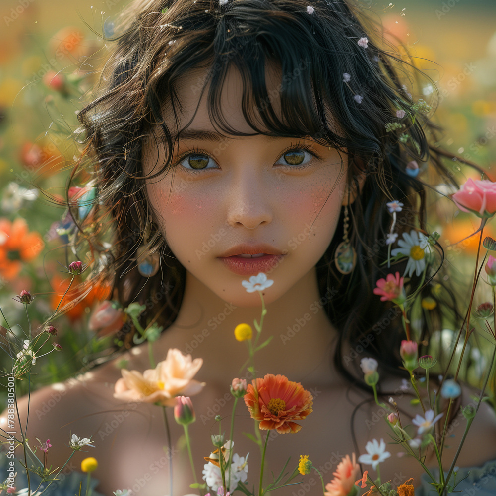 Naklejka premium anime girl in a field of flowers, looking directly into the camera, close up portrait 
