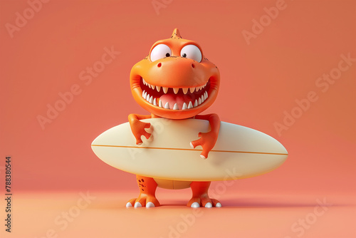 Cute 3D Cartoon Dino T-Rex: Adorable Orange Dinosaur with Serfing Board Isolated on Orange Background. Kids education.