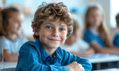 Smiling Schoolboy in Blue Shirt. Happy Student Learning and Bonding in Classroom. School Time.