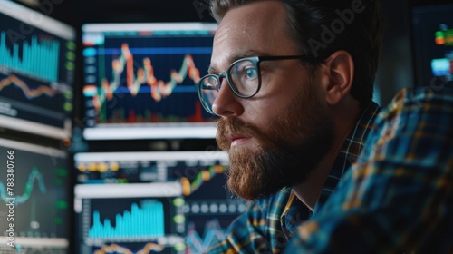 trader analyzing stock market graphs on multiple screens with intense focus photo