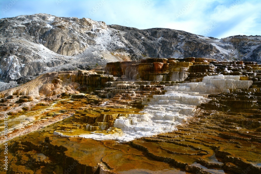 Mammoth Hot Springs - a large complex of hot springs on a hill of travertine in Yellowstone National Park adjacent to Fort Yellowstone (Park County, Wyoming, United States)