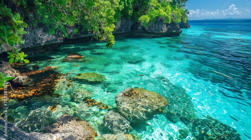 tranquil cove with crystal-clear water and vibrant coral reefs