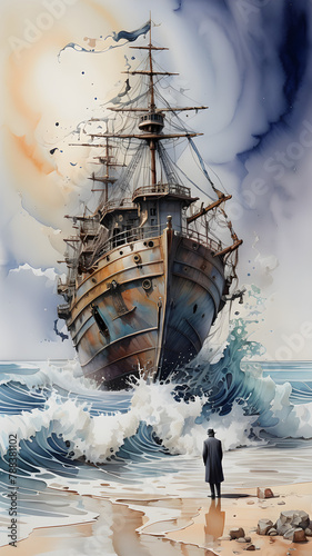 watercolor style pictures ship sailing
