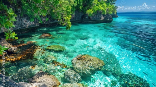 tranquil cove with crystal-clear water and vibrant coral reefs © chanidapa