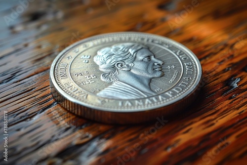 Close-up of a shiny metal coin, possibly used for currency or collected as wealth photo