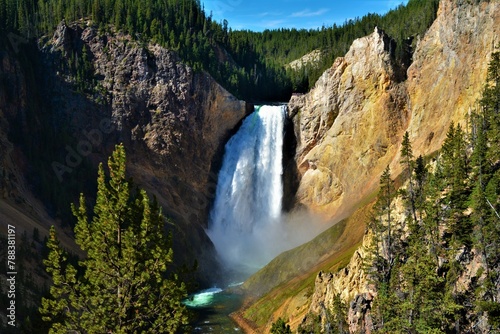 View of the Lower Yellowstone Falls taken from Uncle Tom's Trail descending from the south rim of the Grand Canyon of the Yellowstone to a viewpoint near the base of the waterfall (Wyoming, USA) photo