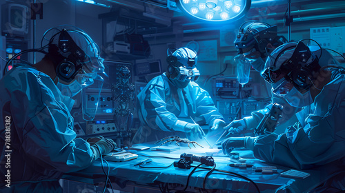 A team of doctors performing surgery in an operating room filled with advanced medical equipment and monitors. Intense, precise, and technology-driven healthcare scene