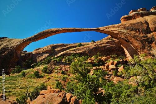 View of Landscape Arch (with the span 88.4 m it belongs among the longest natural rock arches in the world) in the Devils Garden area (Arches National Park, Utah, United States)
