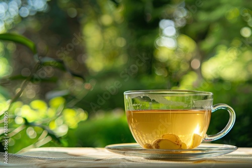  A glass cup of ginger tea on an outdoor table surrounded by a garden, medicine, herbal tea 