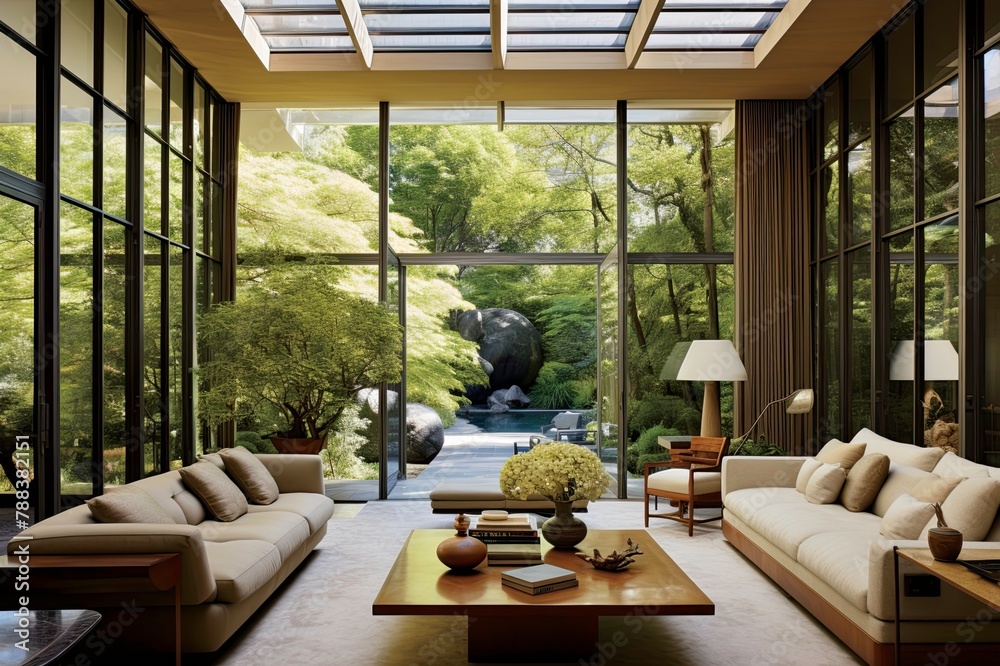 Fototapeta premium Luxury Living Room with Large Windows and Garden View, Neutral Furniture with Skylight