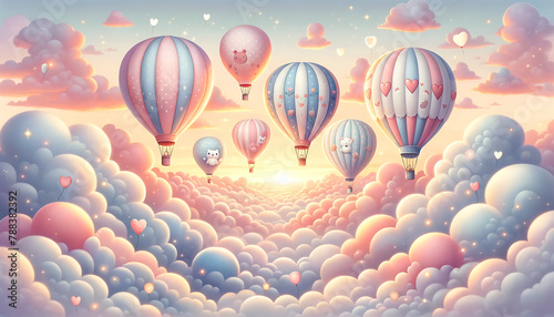  Sunset Soar Whimsical hot air balloons rise into a dreamy cotton-candy sky, hearts adrift on the gentle breath of evening. © MC-CHUAN