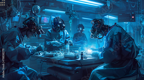 A team of doctors performing surgery in an operating room filled with advanced medical equipment and monitors. Intense, precise, and technology-driven healthcare scene photo