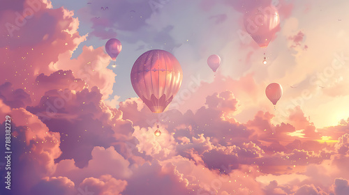 
Sunset Soar
Whimsical hot air balloons rise into a dreamy cotton-candy sky, hearts adrift on the gentle breath of evening. photo