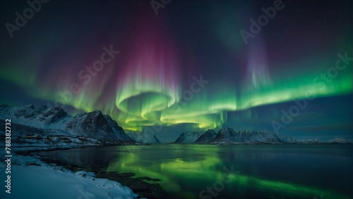 Aurora borealis on the Lofoten islands, Norway. Night sky with polar lights. Night winter landscape with aurora and reflection on the water surface. Natural background in the Norway