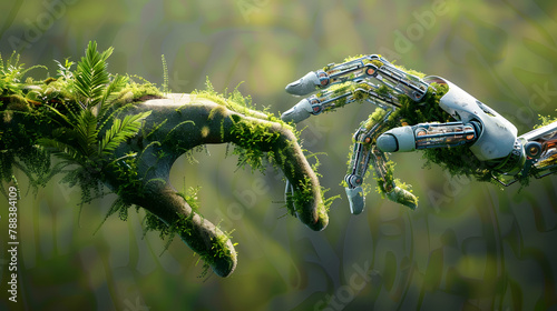 Robot hand and natural hand covered with grass reaching toward each other, technology and nature joining forces, 3D rendering