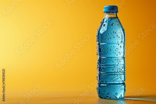 Blue sports drink bottle vibrant yellow background minimal clutter clear focus angled shot photo