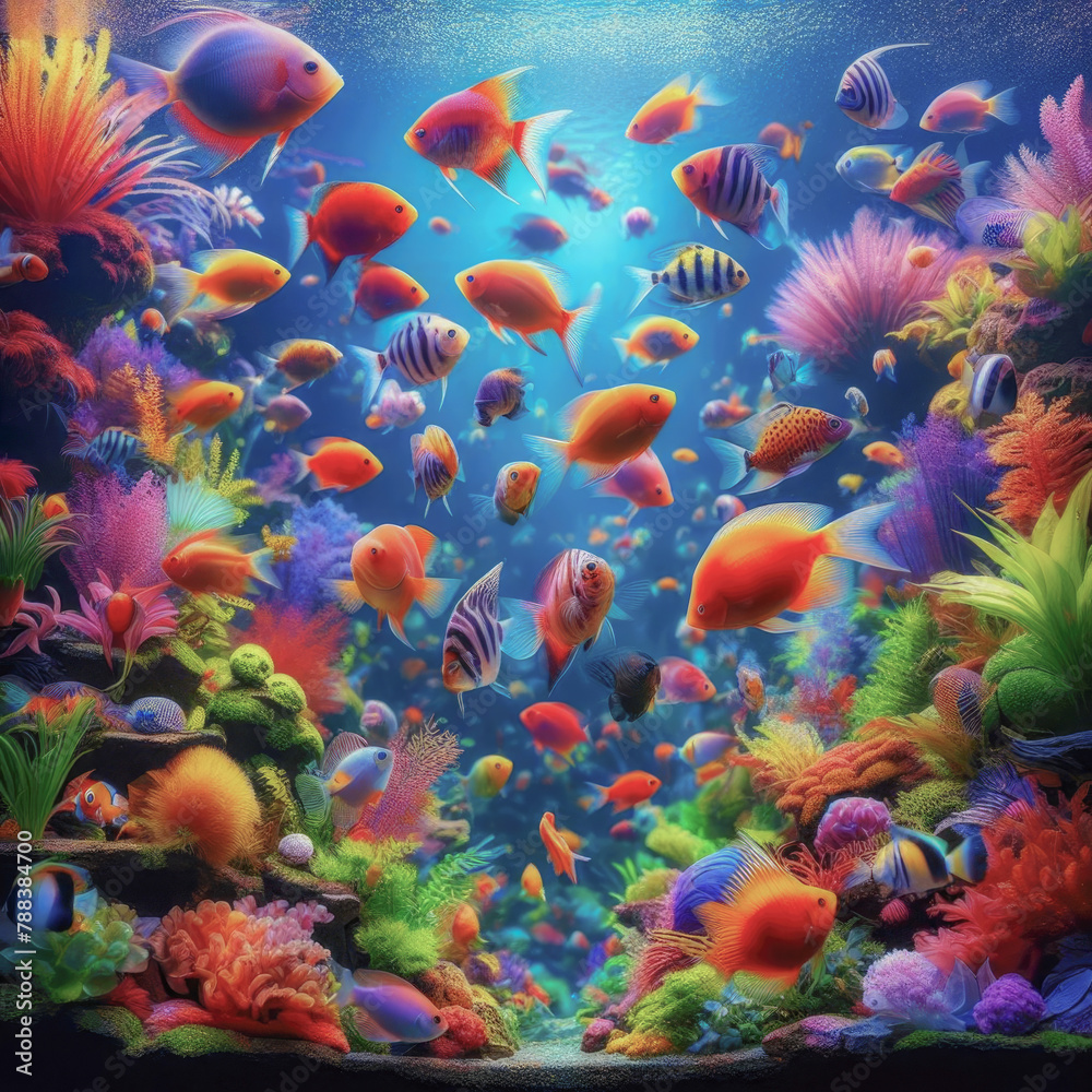 Fototapeta premium Vibrant Multicolored Small Fish Swimming in Aquarium
