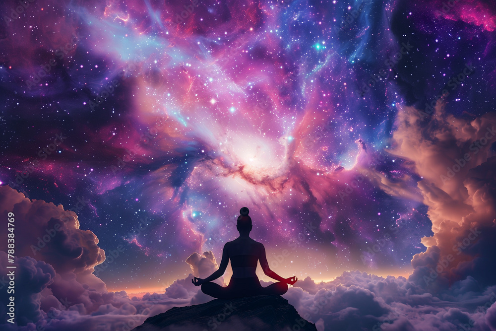 breathtaking shot of beauty of yoga meditation against the backdrop of a vibrant nebula galaxy, with the lotus pose symbolizing inner harmony and the cosmic background inspiring aw