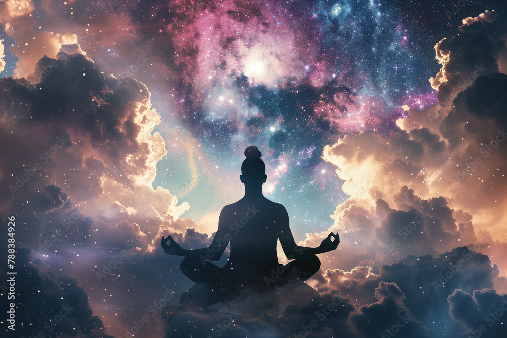 awe-inspiring double exposure image capturing the harmony between the human form in the lotus pose meditation and the celestial wonders of a nebula galaxy background, creating a me