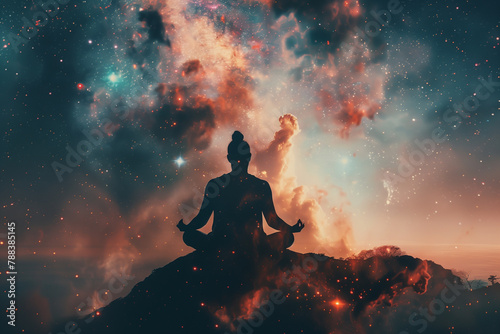 double exposure image showcasing the symbiotic relationship between the peaceful lotus pose meditation and the vast expanse of a nebula galaxy background, inviting viewers to explo photo