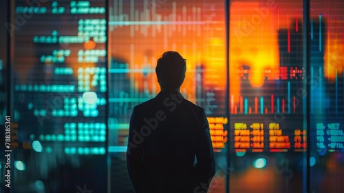 A man is looking at a computer screen with a lot of numbers and graphs. Concept of focus and concentration as the man stares at the screen photo