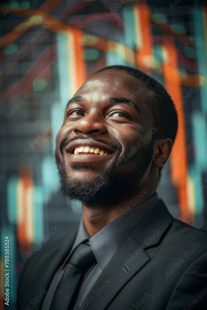 A happy businessman standing in front of an uptrend stock market chart A happy businessman standing in front of an uptrend stock market chart