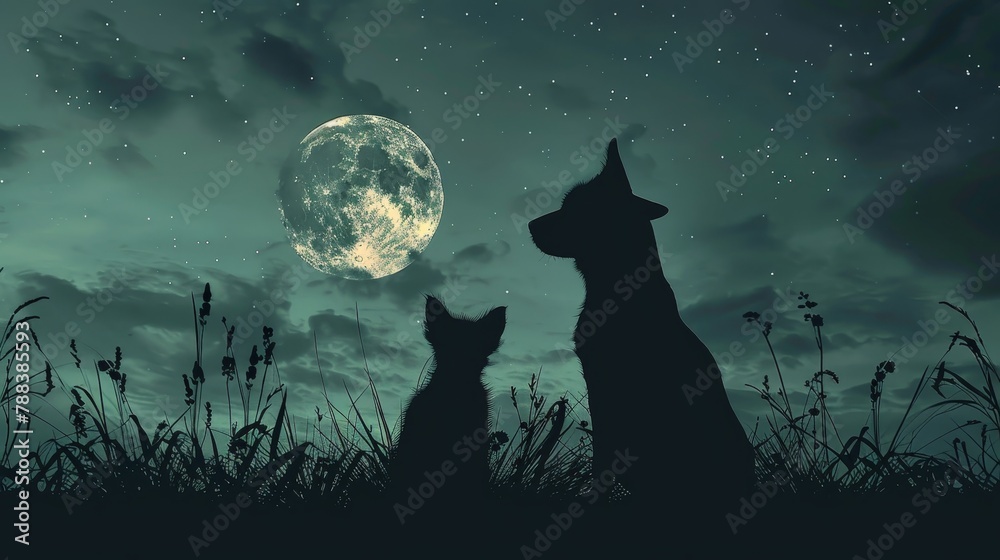 Two dogs are sitting in a field under a full moon Two dogs are sitting in a field under a full moon