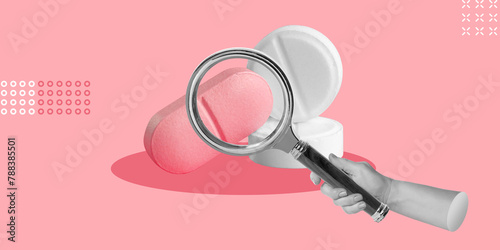 Search for contraceptives, medicines, hormones, vitamins or dietary supplements for women's health. Hand with magnifying glass and white and pink pills on pink background. Vertical minimalist collage
