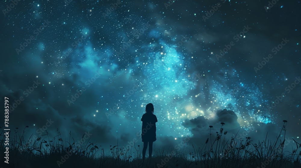 A woman stands in a field of grass, looking up at the sky. The sky is filled with stars, creating a peaceful and serene atmosphere. The woman is lost in thought