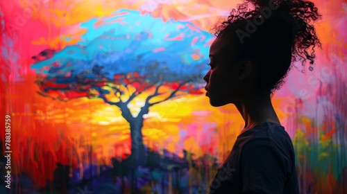 A woman stands in front of a painting of a tree and a sunset. The painting is colorful and vibrant, with a mix of red, yellow, and blue hues