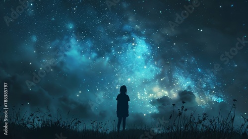 A woman stands in a field of grass, looking up at the sky. The sky is filled with stars, creating a peaceful and serene atmosphere. The woman is lost in thought