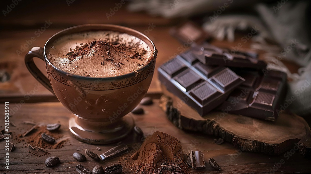A rustic table holds a dark chocolate latte with frothy cream A rustic table holds a dark chocolate latte with frothy cream