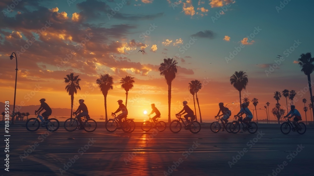 A group of people riding bikes down a street at sunset. The sun is setting and the sky is filled with clouds A group of people riding bikes down a street at sunset. The sun is setting and the sky is filled with clouds