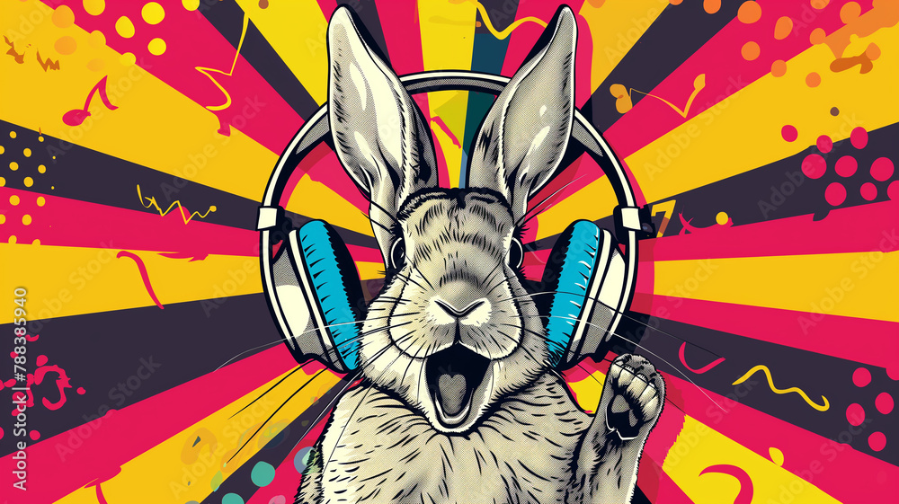 Wow pop art Cute rabbit in thin headphones joyfully shouts. Colorful background in pop art retro comic style. Wow pop art Cute rabbit in thin headphones joyfully shouts. Colorful background in pop art retro comic style.
