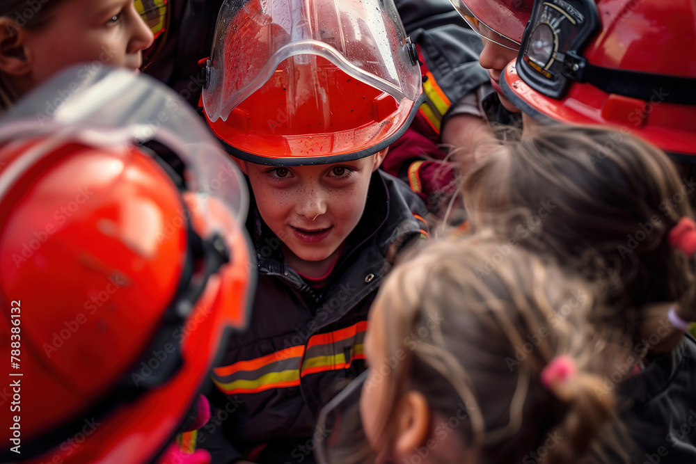 A young child wearing a red fire helmet surrounded by others during a safety demonstration. A young child wearing a red fire helmet surrounded by others during a safety demonstration.
